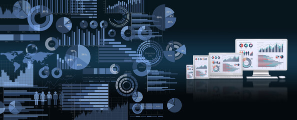 ビジネスデータを表示するコンピューター機器と様々なグラフやチャート、ビジネスデータを分析・検討するイメージ