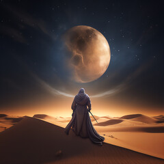 arabian desert at sunset and night with the moon, a man on camel doing a journey, create using generative AI tools.