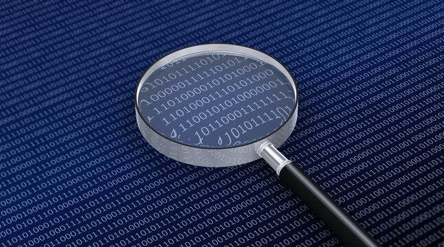 バイナリーデータを虫眼鏡で調べる、コンピューターデータを分析・検討するイメージ