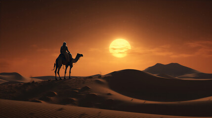 Fototapeta premium arabian desert at sunset and night with the moon, a man on camel doing a journey, create using generative AI tools.