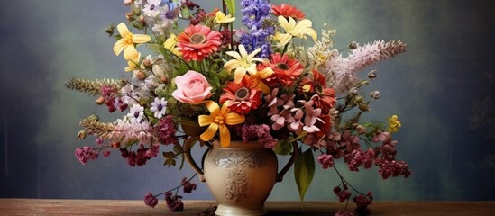 Wild flowers arranged in a clay pot on an interior table.