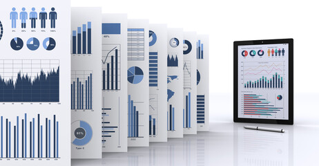 データを表示するタブレットPCとビジネス資料、データ分析・検討のイメージ