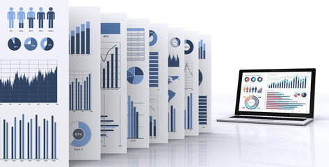データを表示するノートパソコンとビジネス資料、データ分析・検討のイメージ
