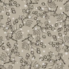 Seamless monochrome seasonal floral pattern with silhouetted branches of hawthorn tree and snowflakes. Hand drawn linear sketches.