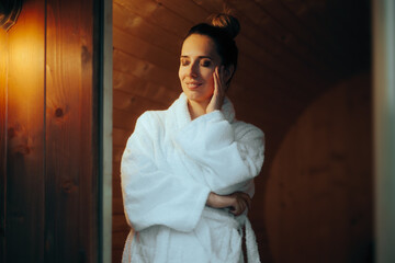 Fototapeta premium Happy Woman trying a Sauna Relaxing on Vacation. Beautiful girl enjoying wellness therapy in a hot house 