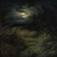A Dark Moonlit Tall Grass Field