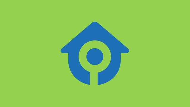 Home review logo animation on green screen background, house symbol with magnifying glass
