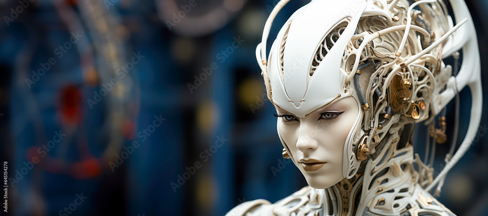 Poster pretty female head of artificial robot. artificial intelligence. space for text