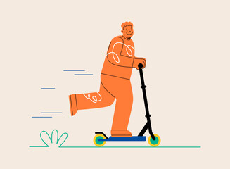 Young man riding kick scooter. Modern people driving eco urban transport. Colorful vector illustration