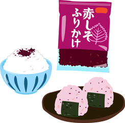 赤紫蘇ふりかけをかけたご飯とおにぎり