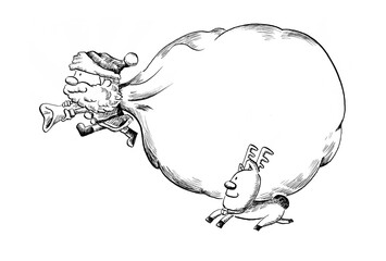 大きなプレゼントの袋を背負ったサンタクロースとトナカイのおしゃれな手書きイラスト（モノクロ）