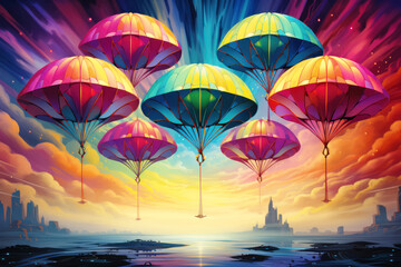 Flying umbrellas in different colors