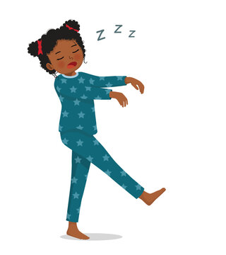 Little African girl sleepwalking in pajamas at night