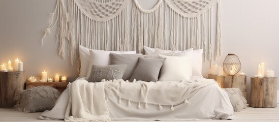 Cozy home with DIY macrame wall panel, gray pillows, and romantic boho touch in the bedroom.