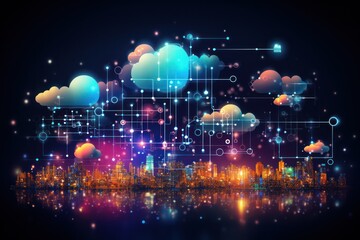 Cloud Computing Concept Visualization: Servers and Data Units Interconnected in a Digital Landscape