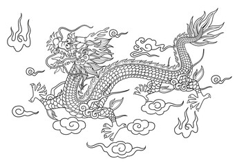 Naklejka premium Culture traditions asia Chinese dragon graphics on a flat colored background.