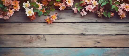 Fototapeta na wymiar Vintage floral artwork on a wooden floor, with tree backdrop.