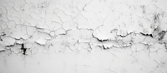 Texture background of white cement wall with peeled paint due to water and sunlight, featuring a line of white house paint with black stain.