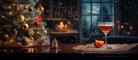 A detailed look at Christmas tree and drinks on a table during Christmas Eve.