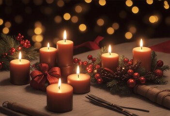 Fototapeta na wymiar christmas celebration burning candles on table with sparkling light background