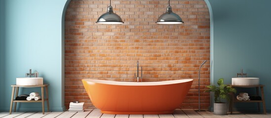 Parquet floor and brick walls with orange and blue tones showcase a minimalist bathroom design featuring a classic set, a freestanding round bathtub, and a modern pendant lamp.