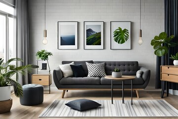 Modern scandinavian home interior with two mock photo frames, wooden commode design, plant in black pot, gray sofa, books and personal accessories. Stylish home decor. Templates. 3d rendering