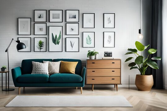Modern scandinavian home interior with two mock photo frames, wooden commode design, plant in black pot, gray sofa, books and personal accessories. Stylish home decor. Templates. Modern living room