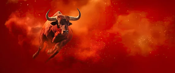 Foto op Canvas Unstoppable Red Bull with Horns Running - A Powerful Visual for Pursuing Goals and Challenges © touchedbylight