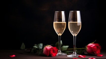 Love concept, two glasses of champagne and red roses on wooden table, dark background.