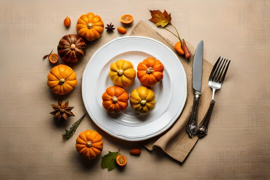 Festive fall autumn Thanksgiving table setting place setting with miniature pumpkins and ornamental squash, traditional white china plates, wrought iron fork and knife silverware and linen napkin on t