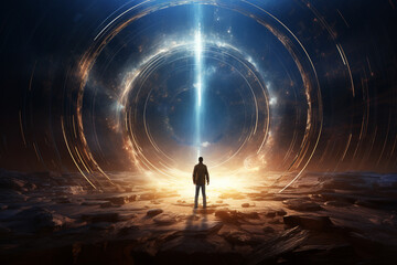 Fototapeta premium Man in dark space with light rays coming from behind. 3D rendering