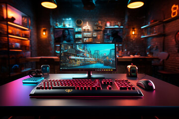 Cyberpunk gamer workspace with personal computer and gaming accessories. 3D Rendering