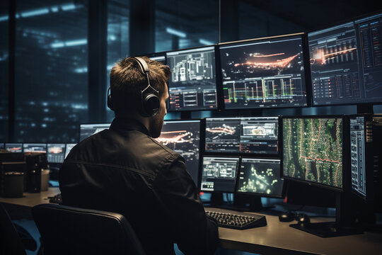 Rear view of male security guard wearing headphones and looking at monitors in office