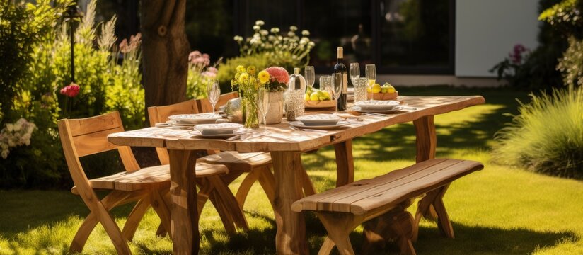 Tables outside with eco-friendly plates and wine glasses in the yard.