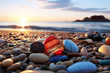 Colorful stones on the beach at sunset. Beautiful natural background.