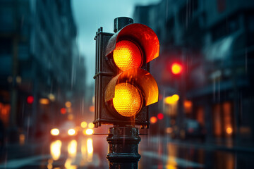 Traffic light signal in the city at night, close up. - obrazy, fototapety, plakaty