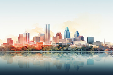 Modern cityscape with reflection in water.