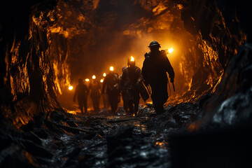 Firefighters extinguish a fire in a cave. Selective focus.