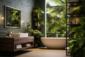 Bathroom interior with green walls, concrete floor, comfortable bathtub and shelves with plants. 3d rendering