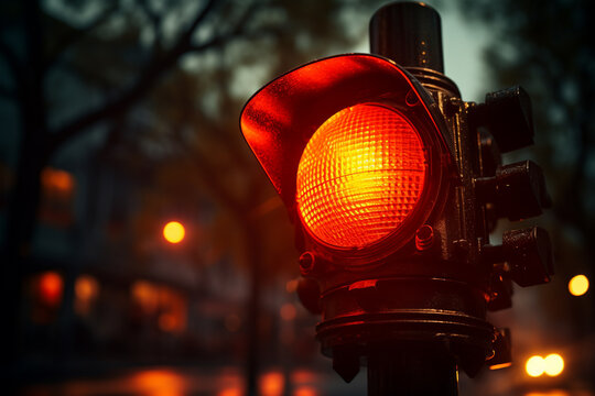 Traffic light signal in the city at night, close up.