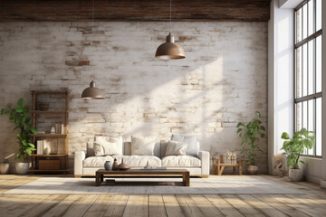 3d rendering loft bedroom with brick wall and wooden floor, loft style