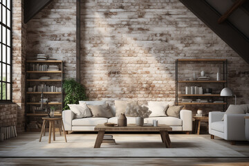 3d rendering loft bedroom with brick wall and wooden floor, loft style