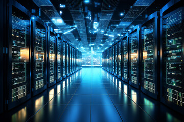 Fototapeta premium Digital server room data center with rows of hard drives 3d rendering image