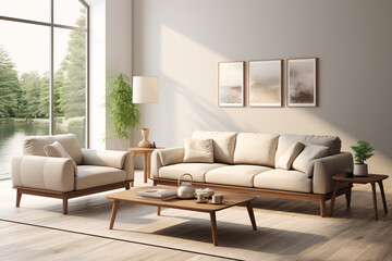 Interior of modern living room with brown leather sofa 3D rendering