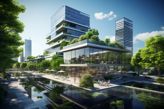 Modern apartment building with green trees and blue sky. 3d rendering