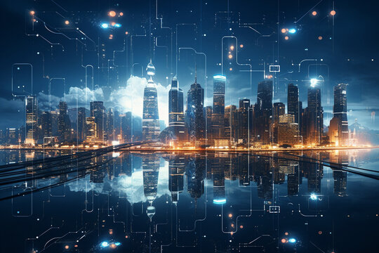 Futuristic city with glowing lights and digital interface. 3D rendering © Creative