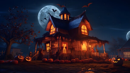 Fototapeta na wymiar Horror Halloween haunted house lite by a full moon at midnight