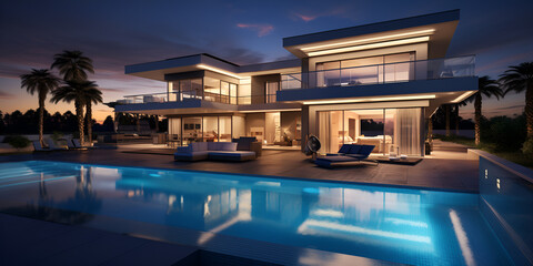 Fototapeta na wymiar 3d rendering of modern house and a sweeming pool at night
