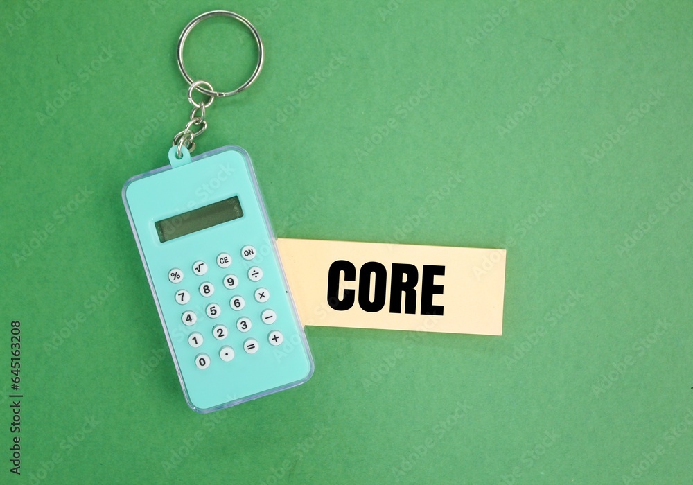 Poster calculator and colored paper with core words. main core concept. the tough central part of various f