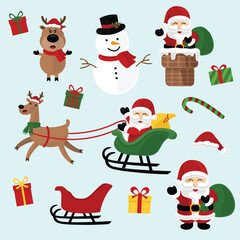 Collection of Christmas decorations, Santa Claus happy and cute. Holiday gifts, winter, snow, trees, gifts, gift boxes, snowmen, reindeer. Colorful vector illustration in flat cartoon style.